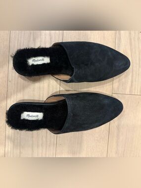 Madewell Kasey Black Suede Fur-Lined Slip-On Mules